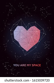 Greeting card for Valentine's Day in the techno style. Polygonal heart in space among the constellations