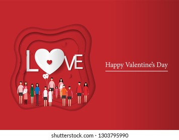 Greeting card of Valentine's day. The they holding balloons , flowers and have the message "Love" that conveys the Valentine's day on red background. Vector Illustration.