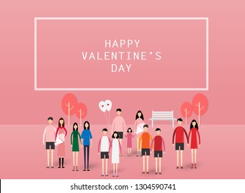 Greeting card of Valentine's day. They holding balloons, flowers and have the message "Happy Valentine's Day"  that conveys the Valentine's day on pink background. Vector Illustration.