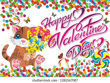 Greeting card for Valentine's day. Tiger cub with a bouquet and a beautiful inscription on a candy background. Vector illustration