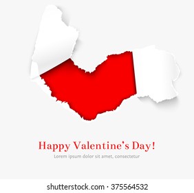 Greeting card for Valentines Day with Torn white paper heart over red paper red background with space for your message