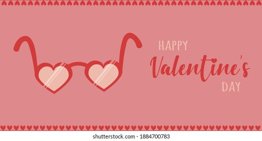 Greeting card for Valentines day with trendy heart shaped sunglasses on pink background with text - Happy Valentines day. Cute vector girlish banner in pink and red.