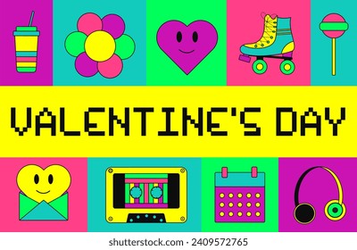 Greeting card for Valentine's Day in trendy retro style of the 90s. Valentines Day banner template. Vector illustration.