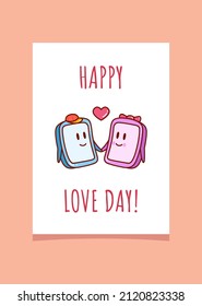 Greeting card for valentines day. Two cartoon smartphones in love. Vector illustration.