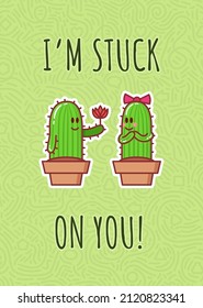 Greeting card for valentines day. Two cartoon cactus in love. Vector illustration.