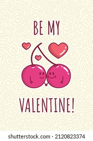 Greeting card for valentines day. Two cartoon cherries are in love and holding hands. Vector illustration.