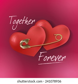 Greeting card for Valentine's Day with two hearts pinned together with a safety pin.