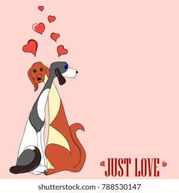 Greeting card for Valentine's day. Two cute dogs hugging on a pink background with hearts. Hand drawing vector illustration