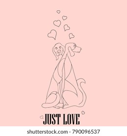 Greeting card for Valentine's day. Two cute dogs hugging on a pink background with hearts. Hand drawing vector illustration