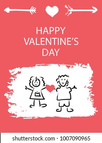 Greeting card with Valentine's Day. Vector Flyer template with text. Celebratory poster, banner for design. Illustration in grunge style for printing.