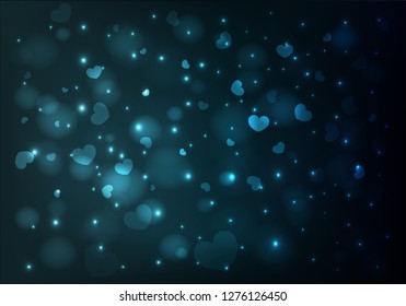 Greeting card with Valentine's Day. Vector background with bokeh, sparkles and hearts.