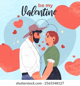 Greeting card for Valentines day. Vector banner or image. Lovers or couple in love listening music together. Be my valentine text. Flyer or valentine for romantic holiday. Relationship and love.