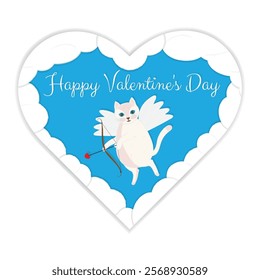 Greeting card for Valentine's Day. Vector illustration with cat cupid, clouds, inscription Happy Valentine's Day.