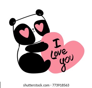 Greeting card for valentine's day vector illustration. panda bear and heart 