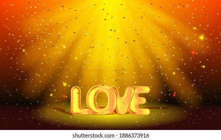 Greeting card for Valentine's day, Wedding, Mother's Day. 3D golden text Love on the stage. The word Love in the rays of spotlights