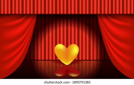Greeting card for Valentine's day, Wedding, Mother's Day. 3D golden heart on the theatre stage