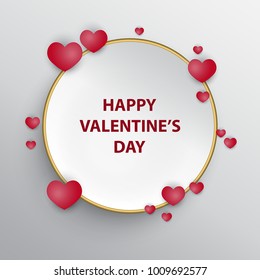 Greeting card for Valentine's day with white circle frame and hearts.