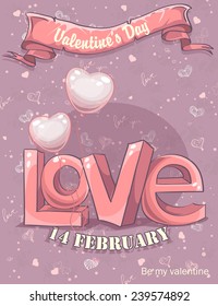 Greeting card for Valentine's Day with the word love and balloons