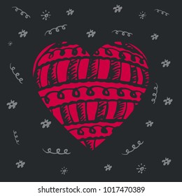 Greeting card for Valentine's day or World Heart Day. Hand drawn red heart with pattern.