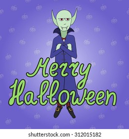 Greeting card with vampire on seamless pattern with pumpkins. Merry halloween. Vector illustration. Eps 10. 