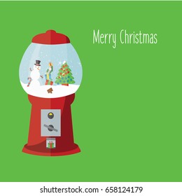 greeting card vector cartoon isolated & concept or creative gumball machine with a cute sweet snowman, Christmas tree & gifts with santa claus & text merry christmas on flat design style background