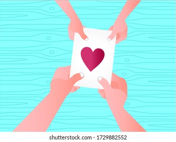 Greeting card vector concept: Top view of hands giving a greeting card with heart picture to someone