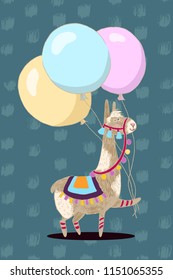 Greeting card vector design. Cheerful lama with three balloons. Happy birthday invitation template with funny animal and dots background. For baby birthday, party, invitation.