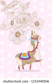 Greeting card vector design. Cheerful lama with anemone and roses flowers. Happy birthday invitation template with funny animal and dots background. For baby birthday, party, invitation.