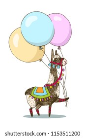 Greeting card vector design. Cheerful lama with three balloons. Happy birthday invitation template with funny animal isolated on white background. For baby birthday, party, invitation.