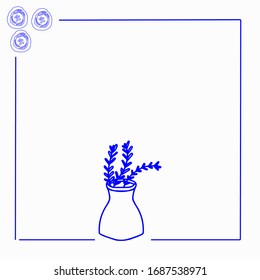 Greeting card vector frame card banner vector design classic blue colored flower vase with lavender minimalistic leaves and roses in corner. Simple style vector design thank you or greeting card