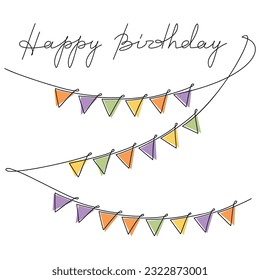 Greeting card vector. Happy Birthday text. Hand drawn line continuous flags garland. Lettering, writing, phrase, quote, slogan. Graphic design, print, banner, wall art, poster, outline postcard.