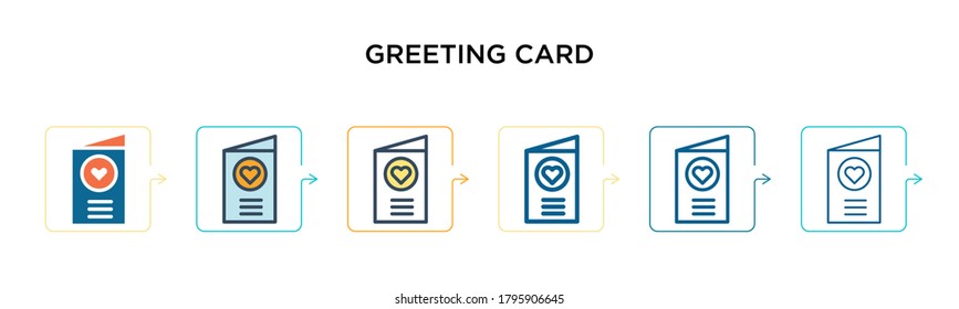 Icono vectorial de tarjeta de felicitación en 6 estilos modernos diferentes. Iconos de tarjetas de felicitación negros, de dos colores, diseñados con el estilo relleno, contorno, línea y trazo. La ilustración vectorial se puede usar para web, móvil, ui