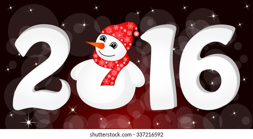 Greeting card Vector illustration, Christmas banner. Happy New Year 2016 With Snowman and Santa Hat