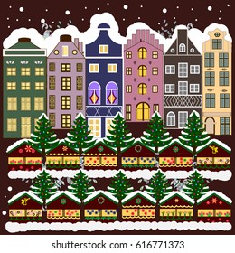 Greeting card. Vector illustration. Christmas landscape flat.
