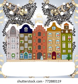 Greeting card. Vector illustration. Christmas landscape flat.