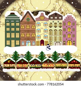 Greeting card. Vector illustration. Christmas landscape flat.