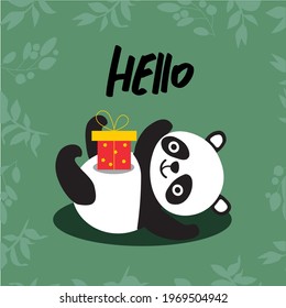 Tarjeta de felicitación. Ilustración vectorial. Cute panda yace en su espalda en el estómago un regalo, la inscripción hola