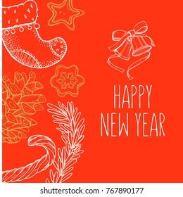 Greeting card, vector illustration. With the new year. Hand drawn.