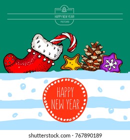 Greeting card, vector illustration. With the new year. Hand drawn.
