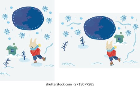 Greeting card vector illustration template A cute winter scene with a rabbit skating