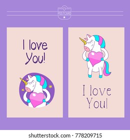 Greeting card, vector illustration. The unicorn holds a big heart. I love you!