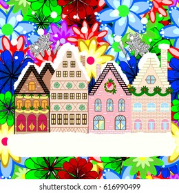 Greeting card. Vector illustration. Village in Christmas, banner on background with snow and snowflakes.