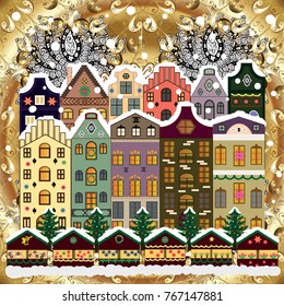 Greeting card. Vector illustration. Village in Christmas, banner on background with snow and snowflakes.
