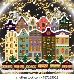 Greeting card. Vector illustration. Village in Christmas, banner on background with snow and snowflakes.