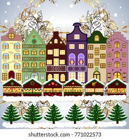Greeting card. Vector illustration. Village in Christmas, banner on background with snow and snowflakes.