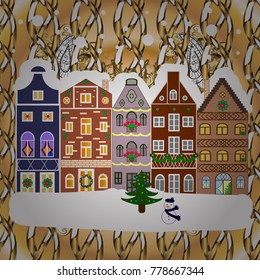 Greeting card. Vector illustration. Village in Christmas, banner on background with snow and snowflakes.