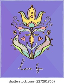 Greeting card, vector lettering "Love You". Vintage, retro style. 1970s. Magic decorative flower on a bright violet background with hearts.