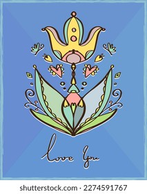 Greeting card, vector lettering "Love You". Vintage, retro style. 1970s. Magic decorative flower on a light blue background with hearts.