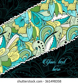 Greeting card vector pattern background with doodle waves and leaves.