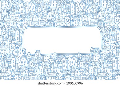 Greeting card with a vector picture of the city with streets and houses with trees and roofs and a window for text